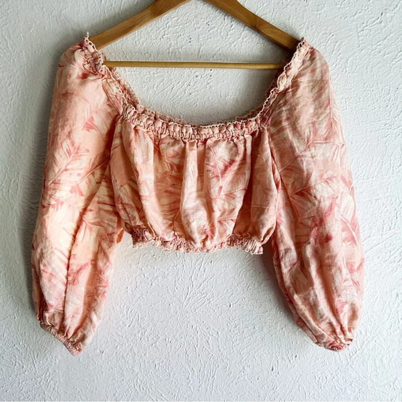 Show Me Your Mumu Claudia Crop Top in Pink Majestic Palm Linen Medium - Picture 2 of 5